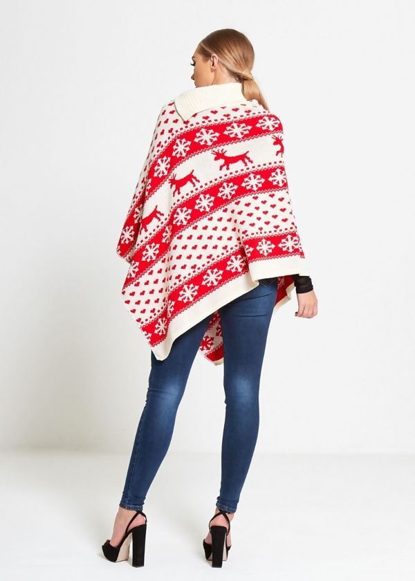 Red knitted Christmas Reindeer Poncho