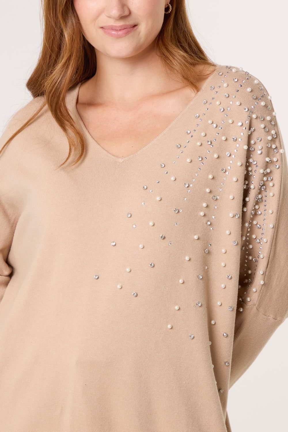 Pearl &amp; Diamante Side V-Neck Jumper