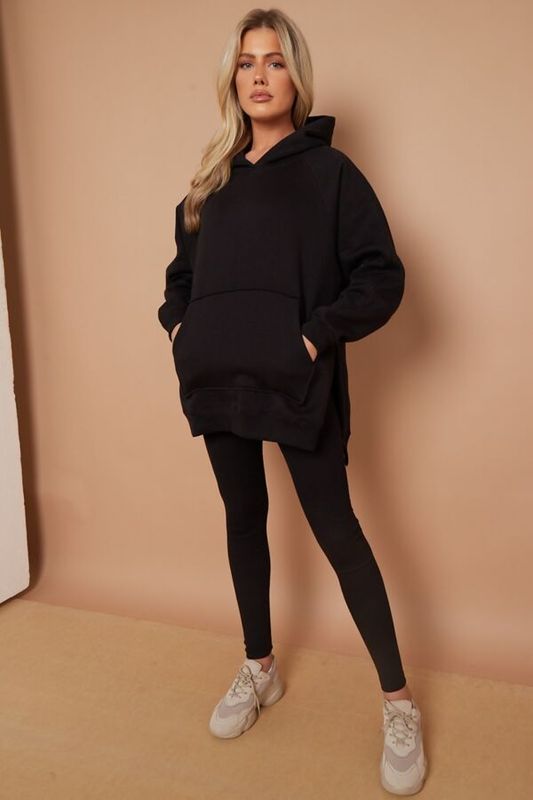 Black Oversized Split Sides Hoodie and Leggings Suit