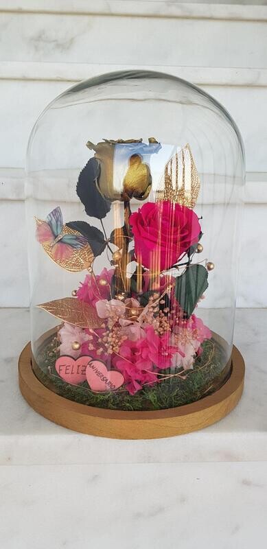 Cúpula con 2 rosas eternas aniversario