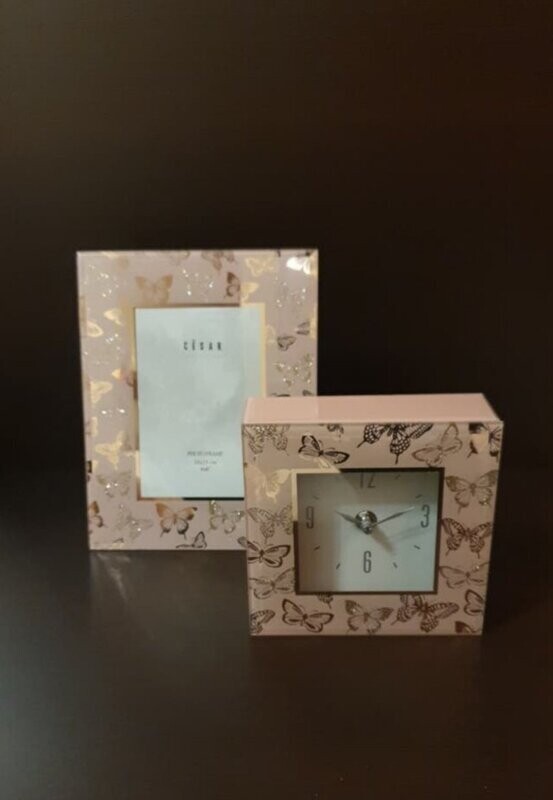 set portafoto y reloj mariposa cristal