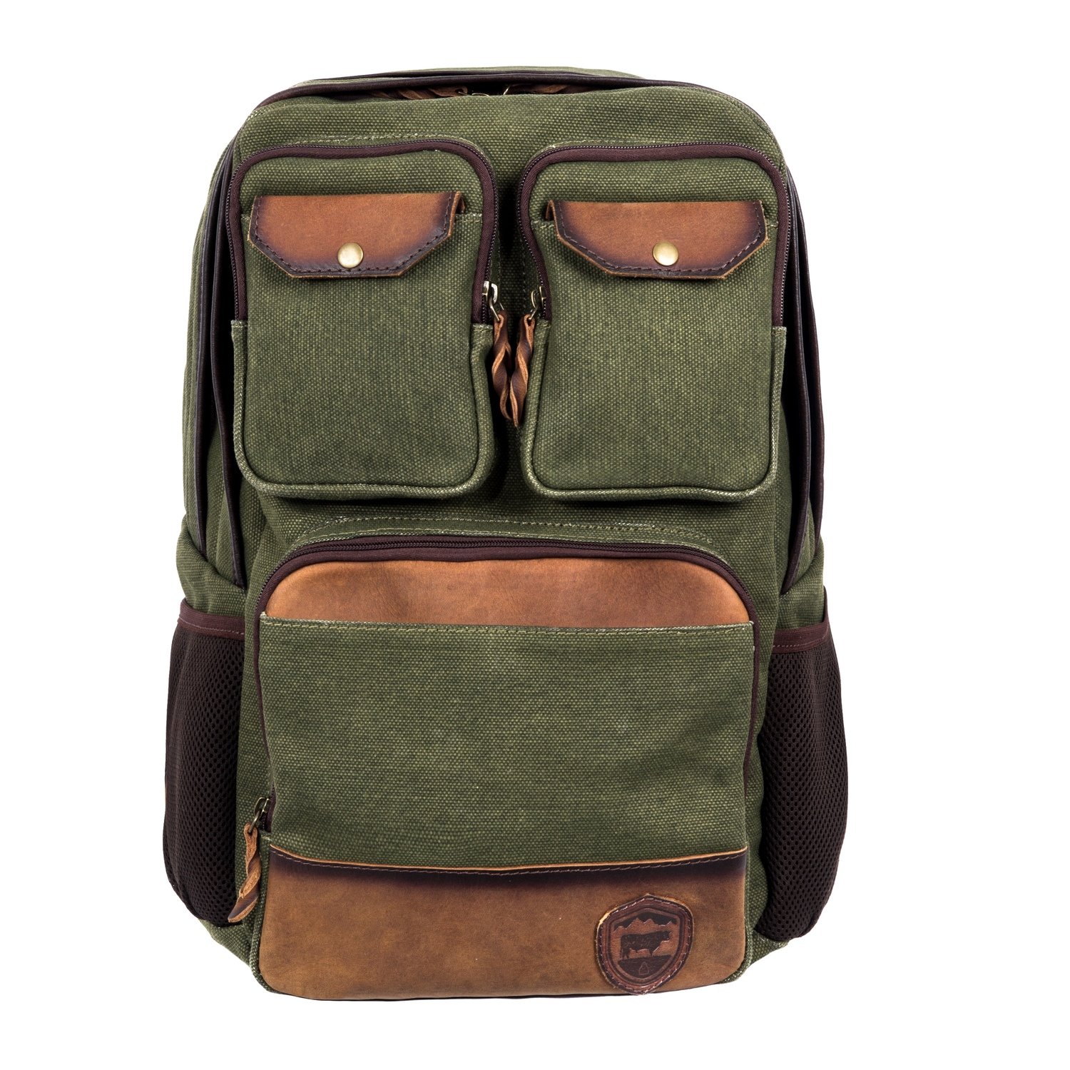 MILITARY GREEN CANVAS BACKPACK LEATHER TRIM