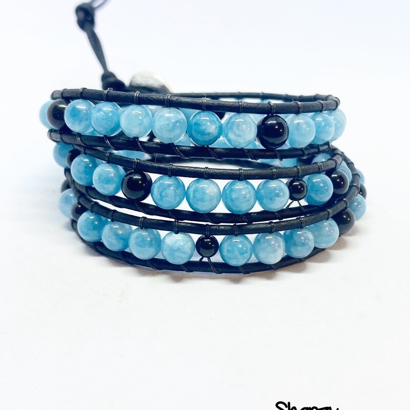 Blue Jade, Black Obsidian Wrap Bracelet