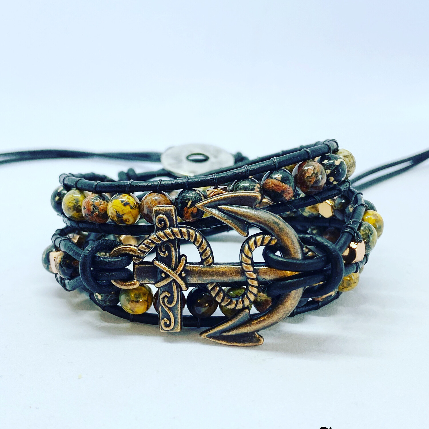 Anchor Leopardskin Jasper, Black Obsidian Wrap Bracelet