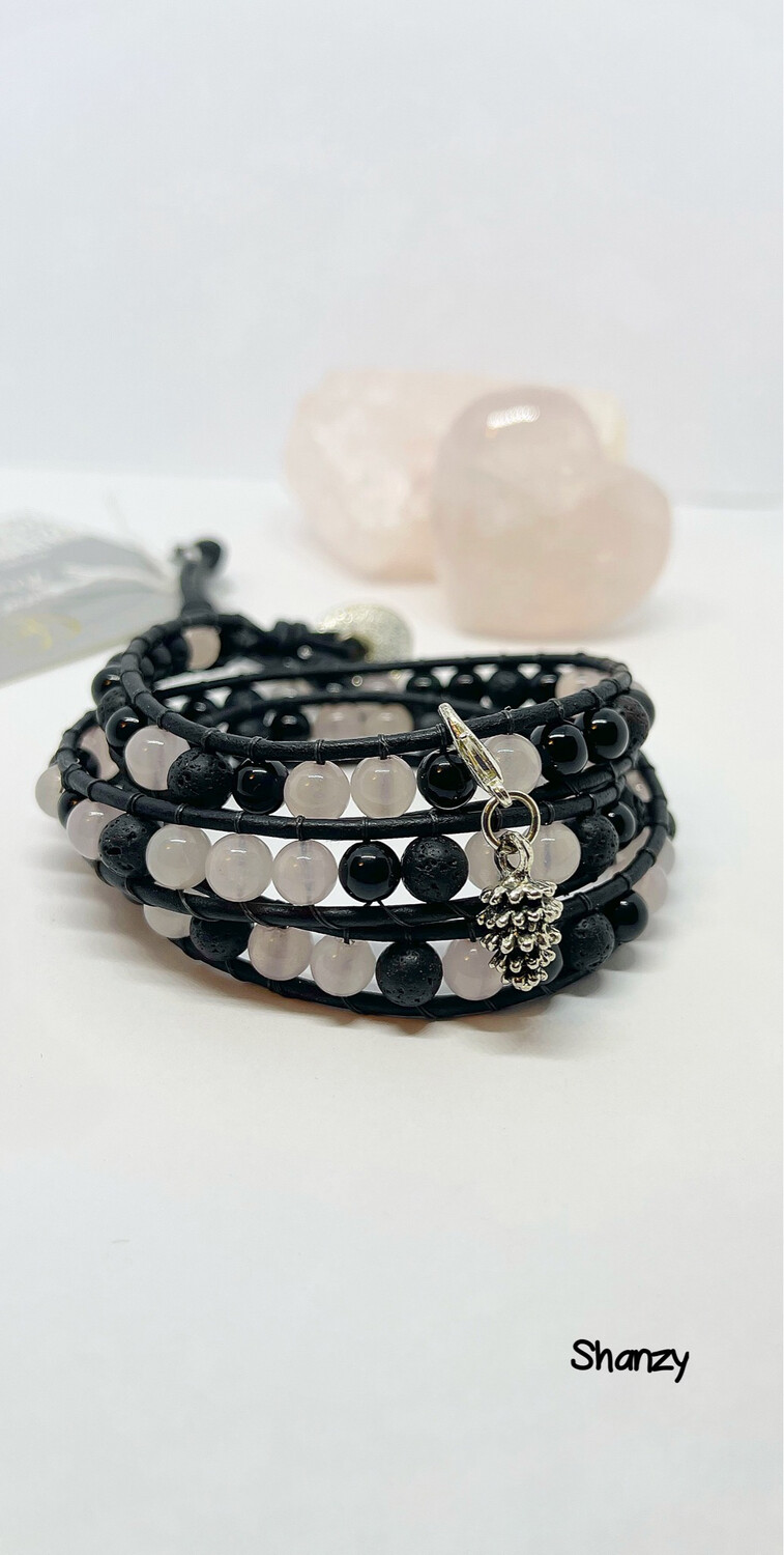 Rose Quartz & Black Obsidian Wrap Bracelet
