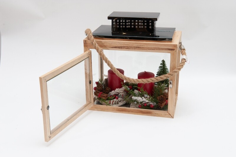 LANTERNA RETTANGOLARE IN LEGNO CON CANDELE