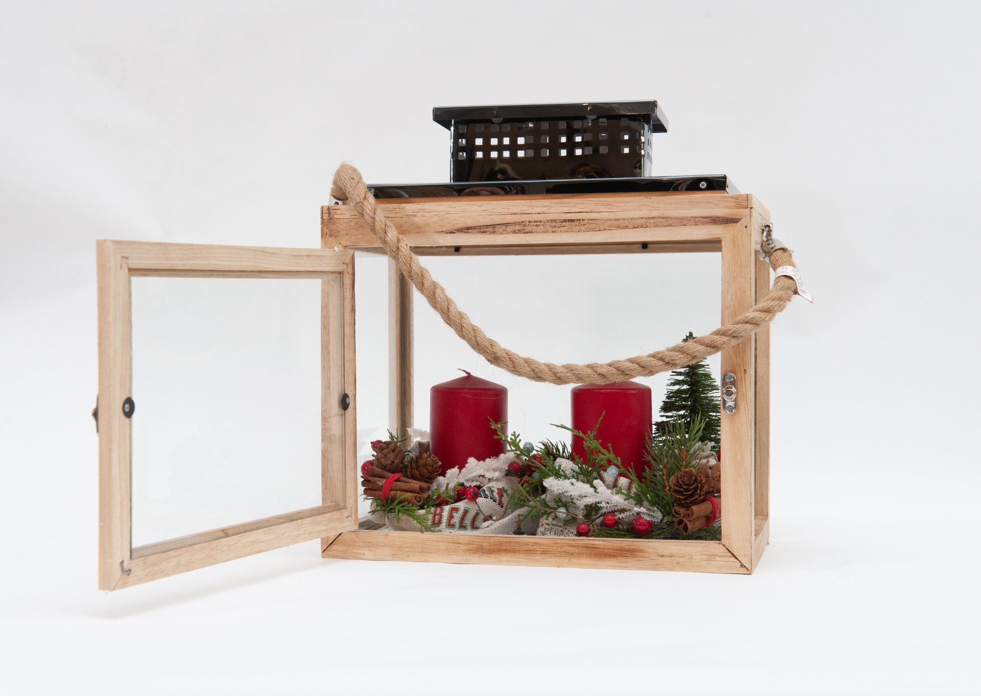 LANTERNA RETTANGOLARE IN LEGNO CON CANDELE