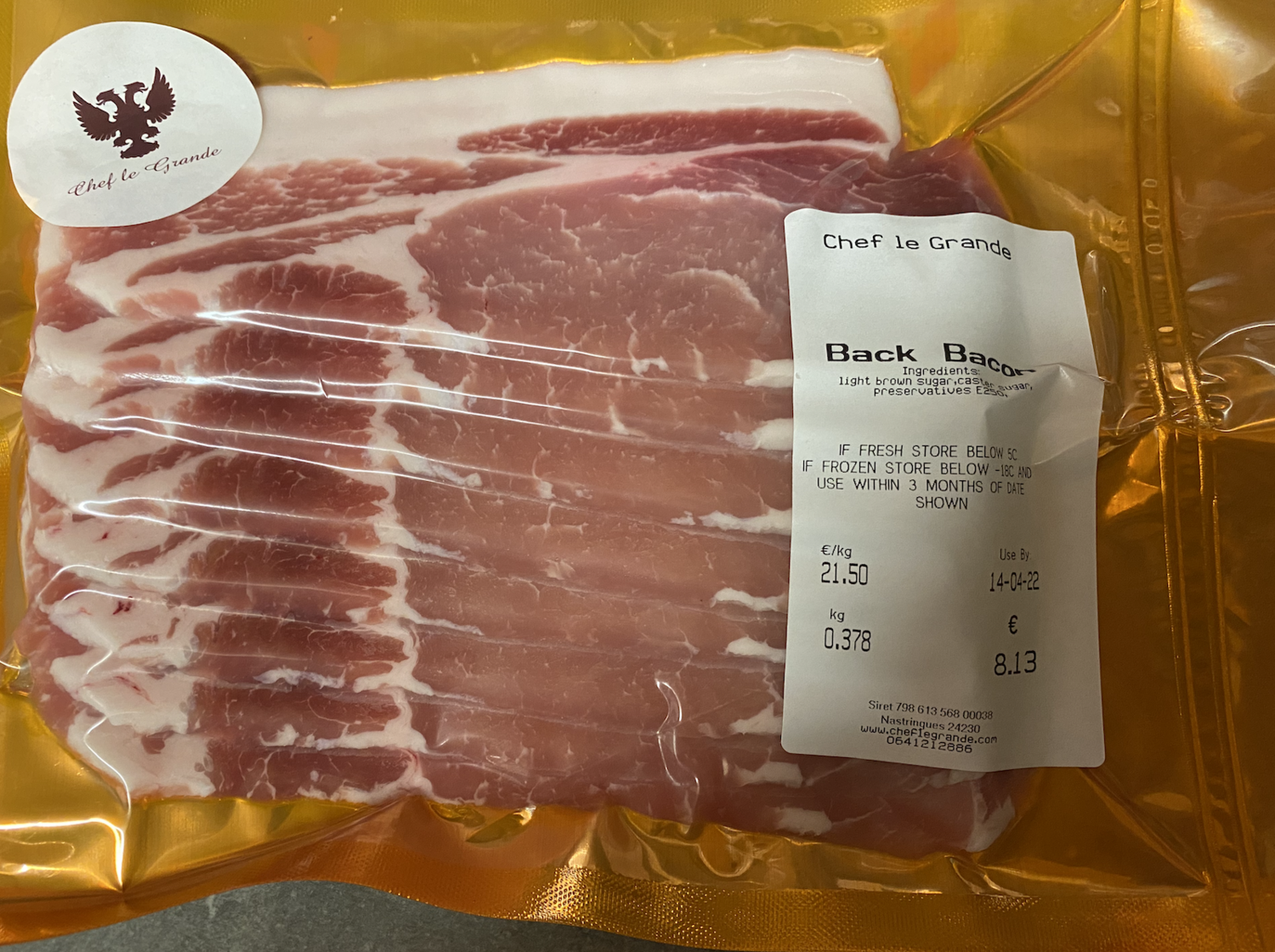 Dry Cured Back Bacon - Av. 8.00€  per 350gm, 8 pack               
(21.50€ per KG)