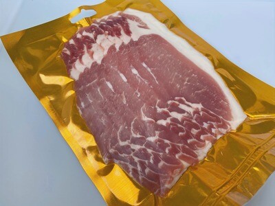 DRY CURED BACK BACON  -  9.33 € PER PACK OF 350G - AVERAGE 8-12 SLICES                                                                   (€ 25.95  PER KG).