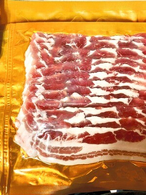 DRY CURED STREAKY BACON  -  5.60€ PER PACK OF 350G
- AVERAGE 12 -14+/-SLICES                       (€ 16.00  PER KG)