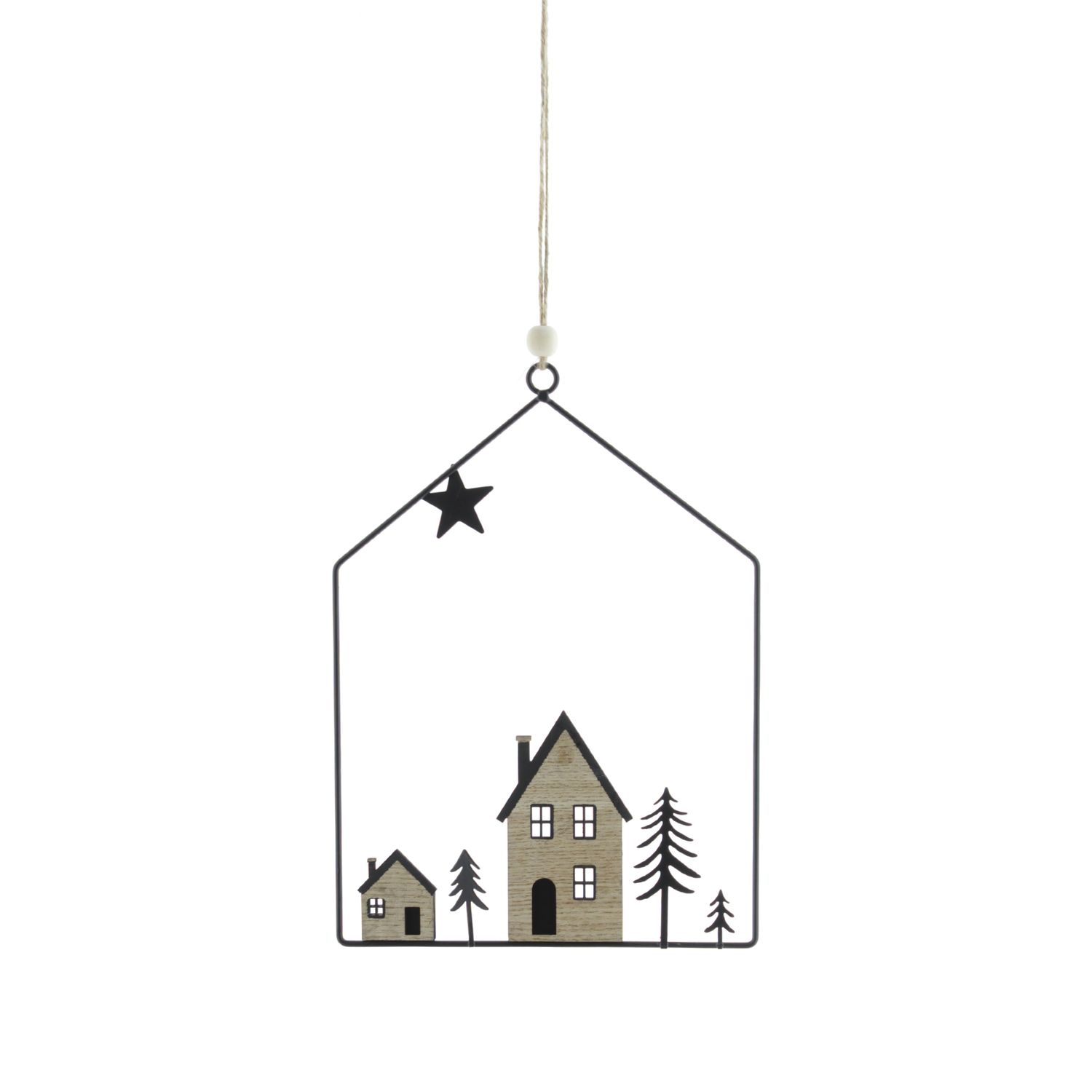 Metalen hanger huisjes, 18 x 0,5 x 41 cm, zwart