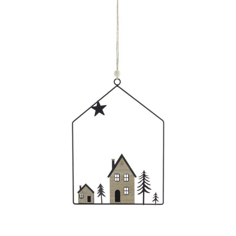 Metalen hanger huisjes, 18 x 0,5 x 41 cm, zwart