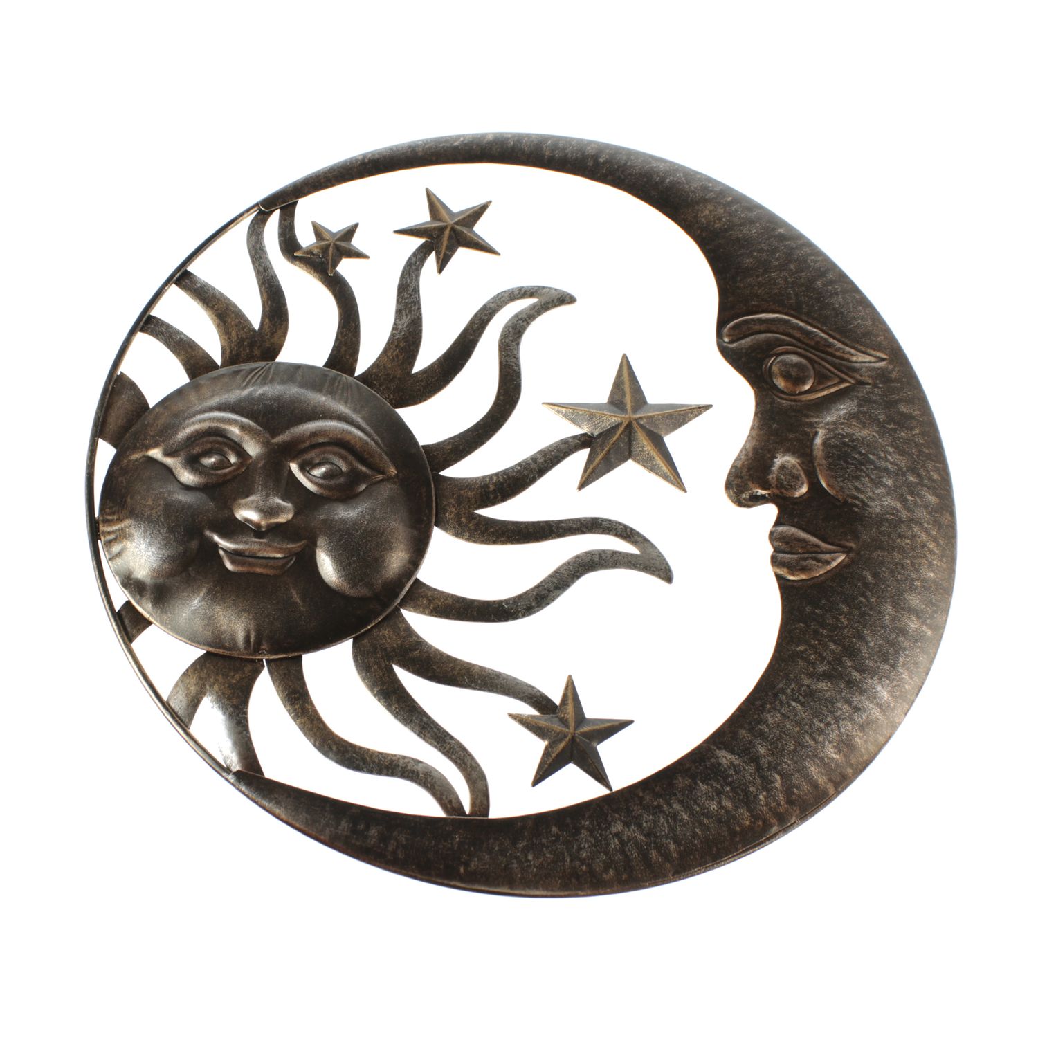 Metalen wandhanger zon/maan/ster, 46 x 2 x 46 cm, antiek zilver