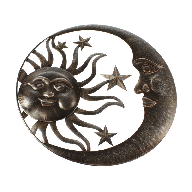 Metalen wandhanger zon/maan/ster, 46 x 2 x 46 cm, antiek zilver
