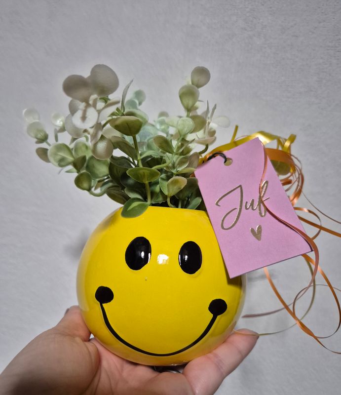 juffen cadeau- smiley vaasje met kunstplantje