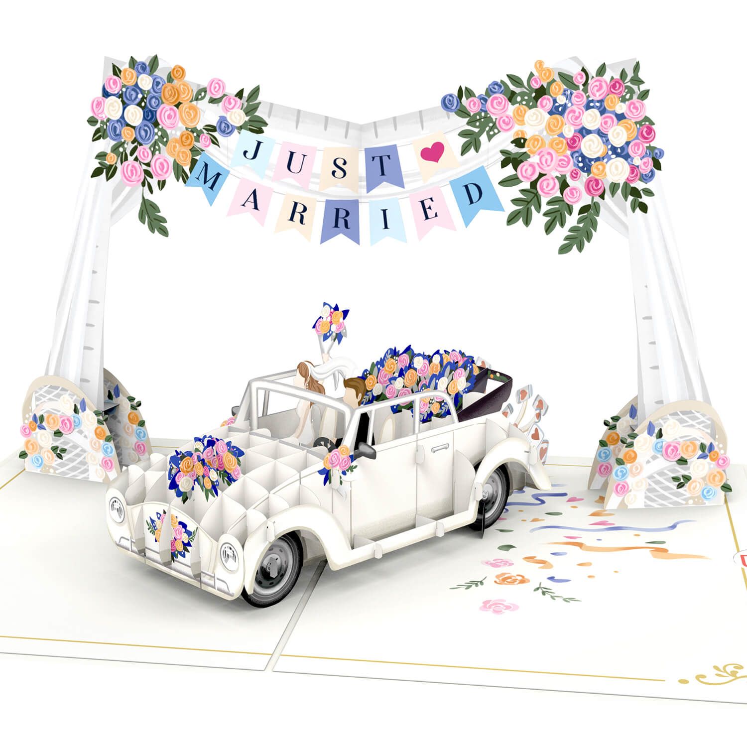 papercrush® Pop-up Huwelijkskaart Bruidsauto onder bloemen boog - 3D huwelijkskaart elegant "just married", wenskaart voor het huwelijk, cadeaubon voor huwelijksreis & geldcadeau, huwelijksreis cadeau