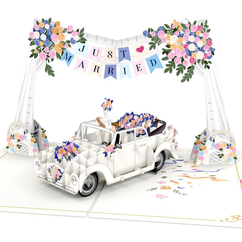 papercrush® Pop-up Huwelijkskaart Bruidsauto onder bloemen boog - 3D huwelijkskaart elegant papercrush® Pop-up Huwelijkskaart Bruidsauto onder bloemen boog - 3D huwelijkskaart elegant "just married", wenskaart voor het huwelijk, cadeaubon voor huwelijksreis & geldcadeau, huwelijksreis cadeau