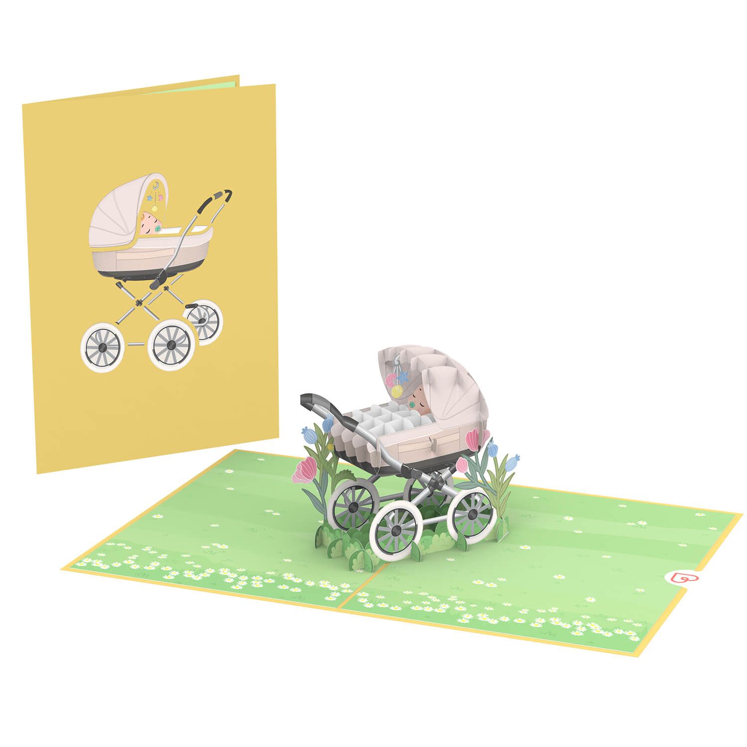 papercrush® Pop-up kaart Geboorte Kinderwagen - Neutrale 3D geboortekaart voor meisjes & jongens, felicitaties voor de baby, wenskaart of geldcadeau voor de geboorte, handgemaakte babykaart