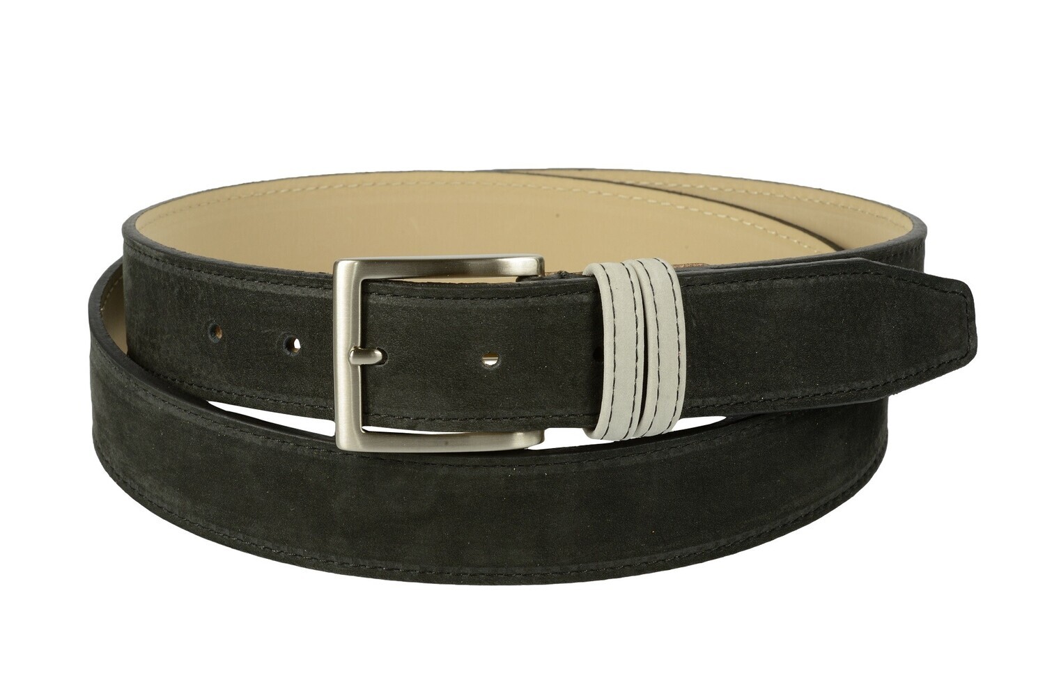 Cintura bicolore in pelle nabuk: nera con passante grigio