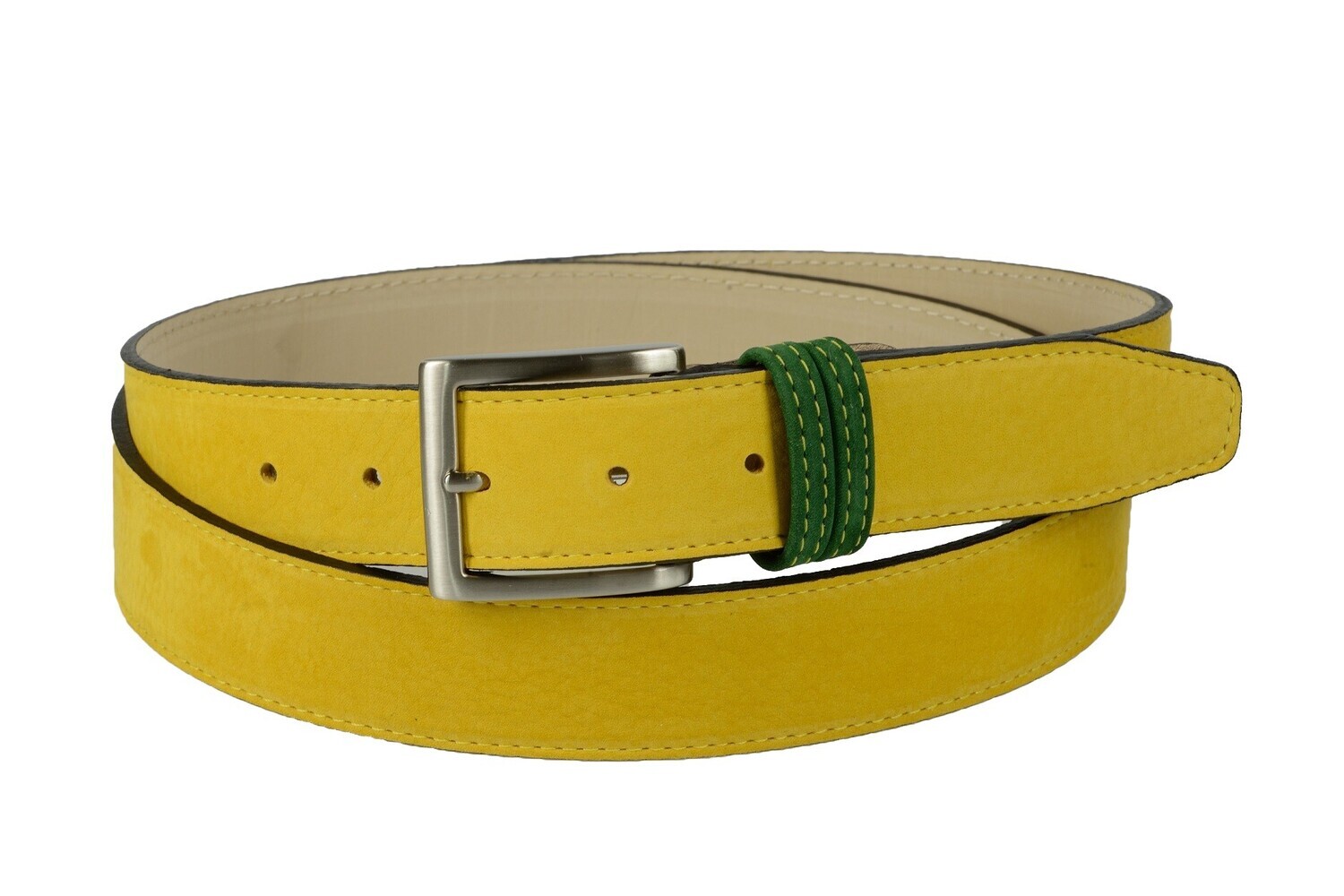 Cintura bicolore in pelle nabuk: gialla con passante verde