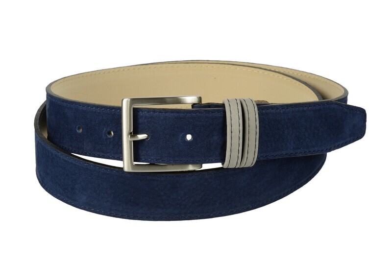Cintura bicolore in pelle di vitello nabuk: blu con passante grigio