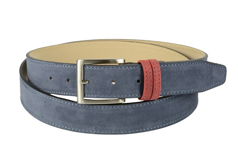 Cintura bicolore in pelle nabuk: azzurro con passante rosso