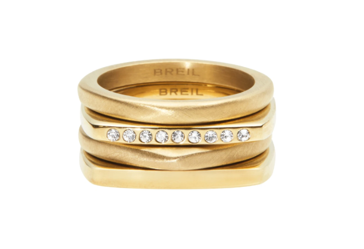 Breil Anello New tetra composto da set di 4 anelli in acciaio gold e cristalli, Taglia: 16