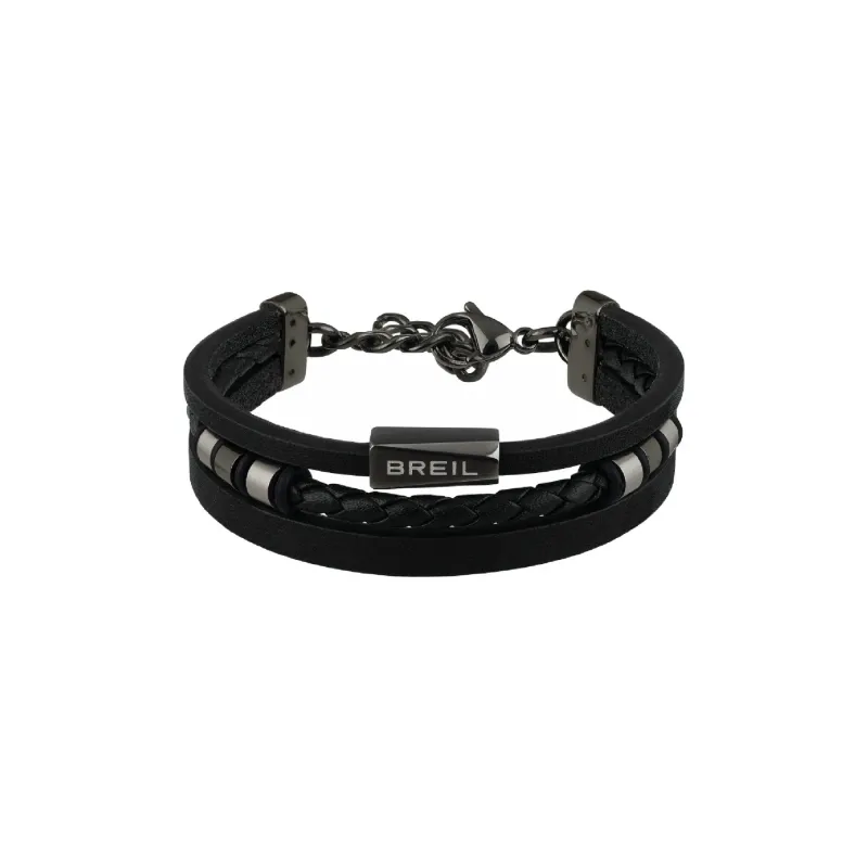 Breil Bracciale in pelle nera con elementi in acciaio
