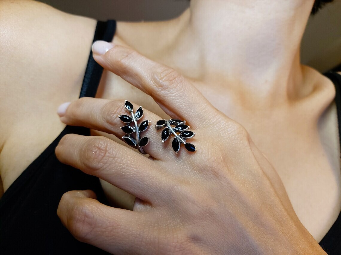 Silver Enamel Olive LEAF Knuckle Ring, Tree Branch Fern Ring - Handmade - BLACK