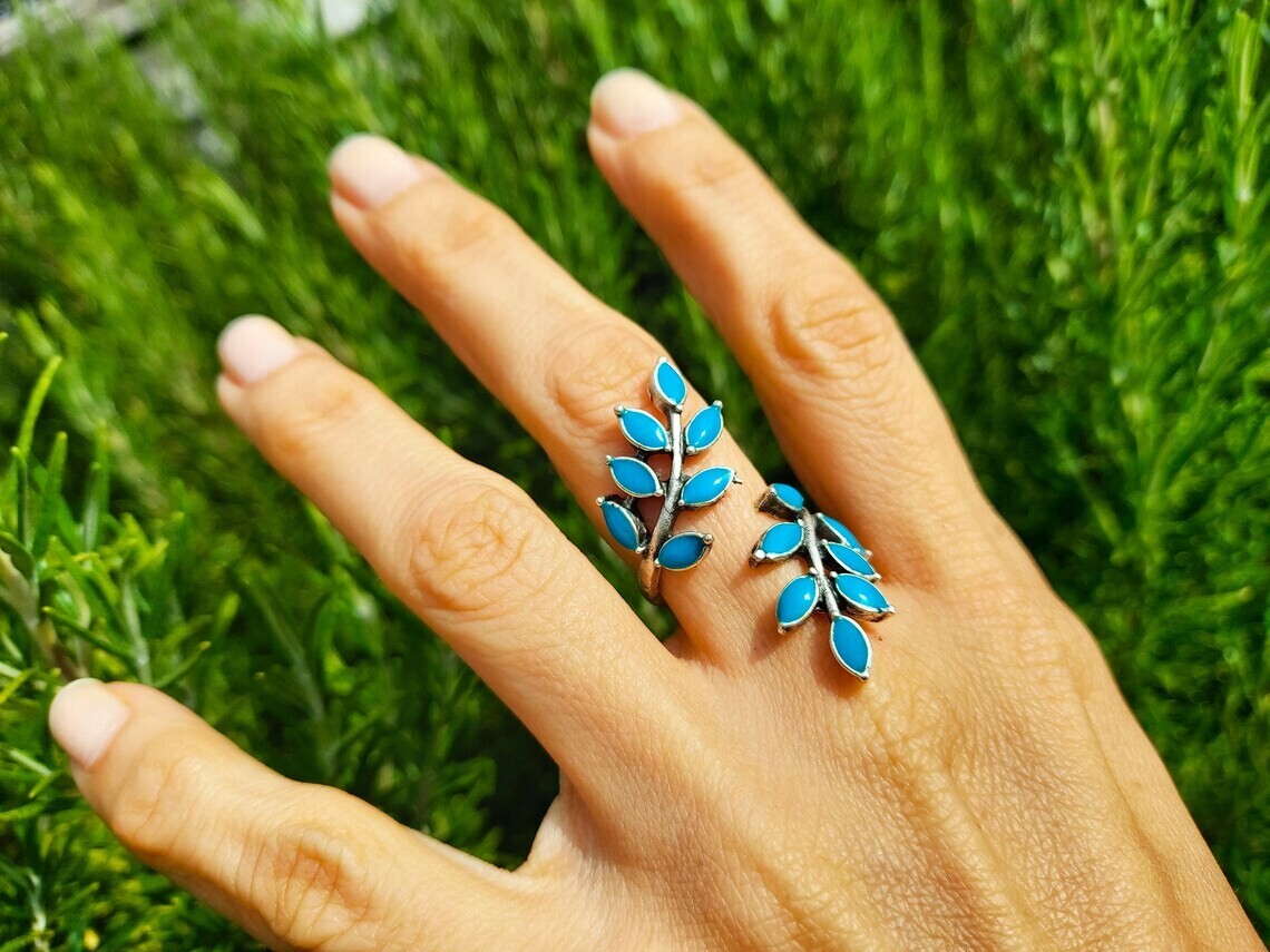 Silver Enamel Olive LEAF Knuckle Ring, Tree Branch Fern Ring - Handmade - BLUE