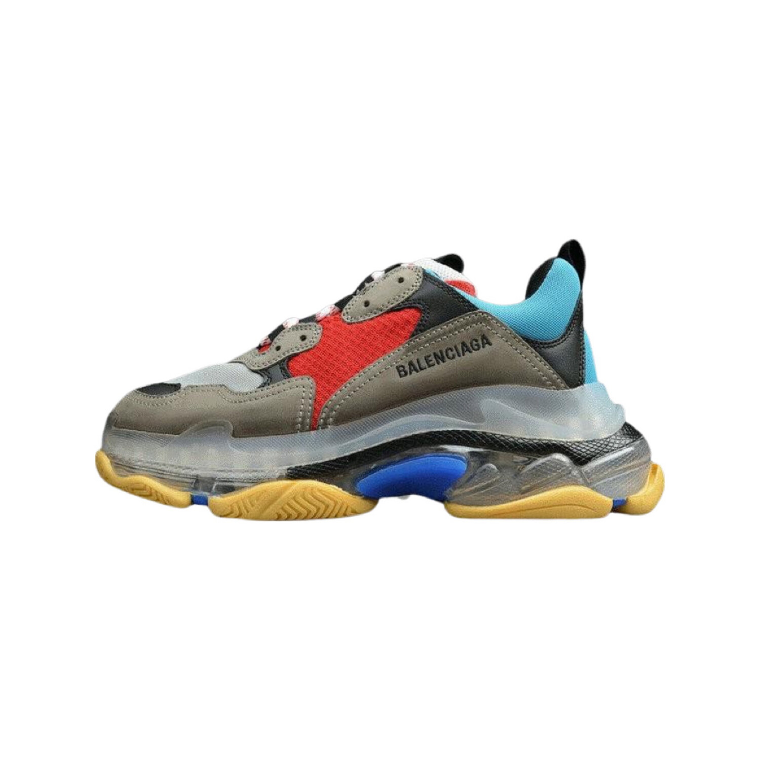 BALENCIAGA TRIPLE S CLEAR SOLE IN BLUE, SILVER &amp; RED
