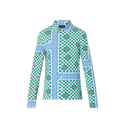 LOUIS VUITTON Green &amp; White Distorted Damier Shirt long 