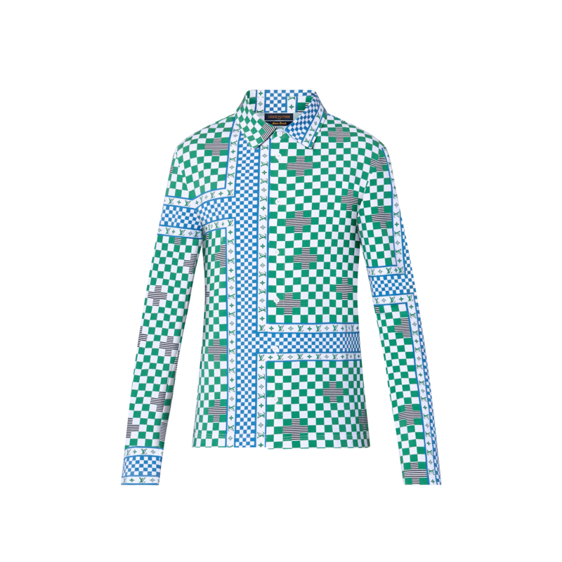 LOUIS VUITTON Green &amp; White Distorted Damier Shirt long 