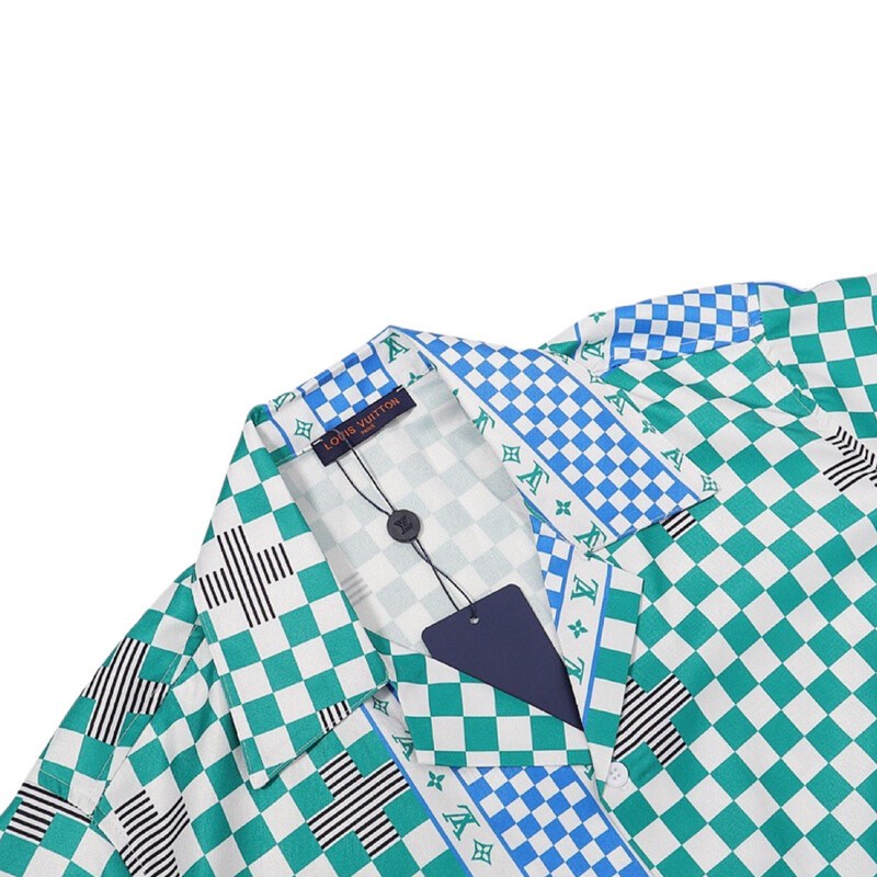 LOUIS VUITTON Green &amp; White Distorted Damier Shirt long 