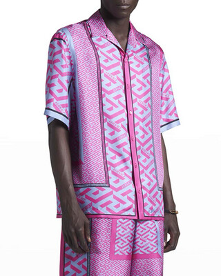 Versace Camisa De Seda La Greca Rosa/Azul