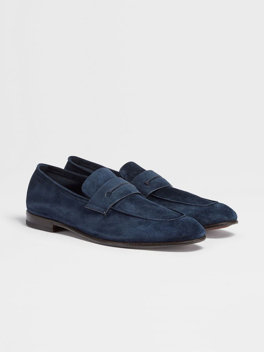 ZEGNA NAVY BLUE SUEDE L&#39;ASOLA LOAFERS