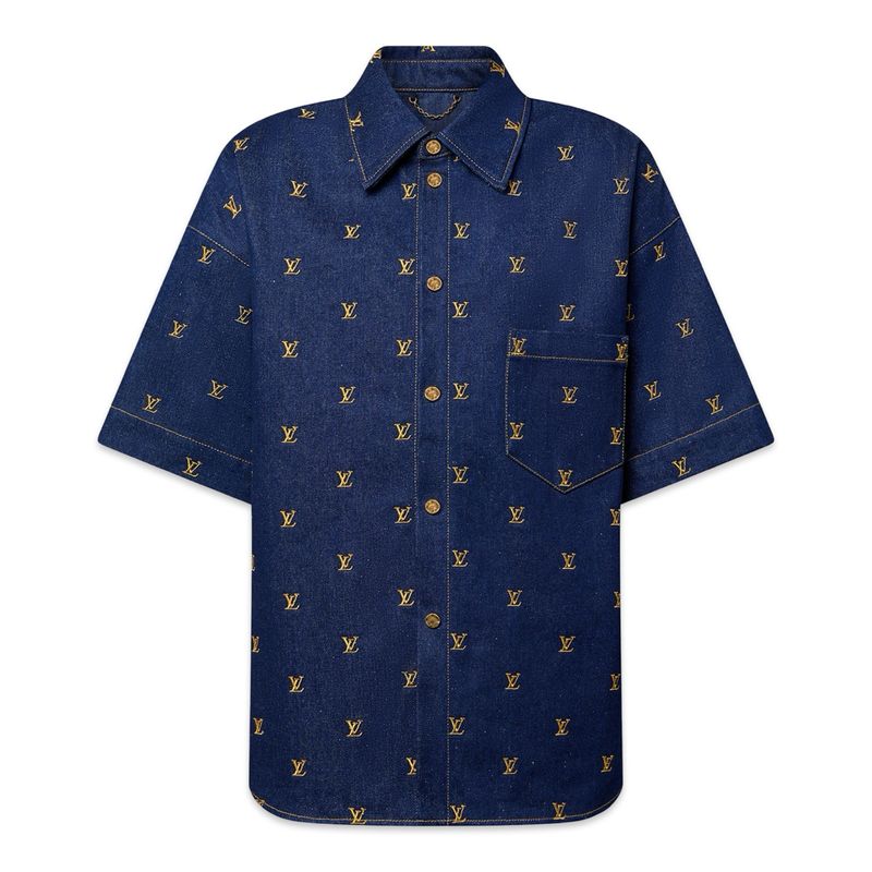 Louis Vuitton Embroidered Signature Short-Sleeved Denim Shirt Louis Vuitton Embroidered Signature Short-Sleeved Denim Shirt