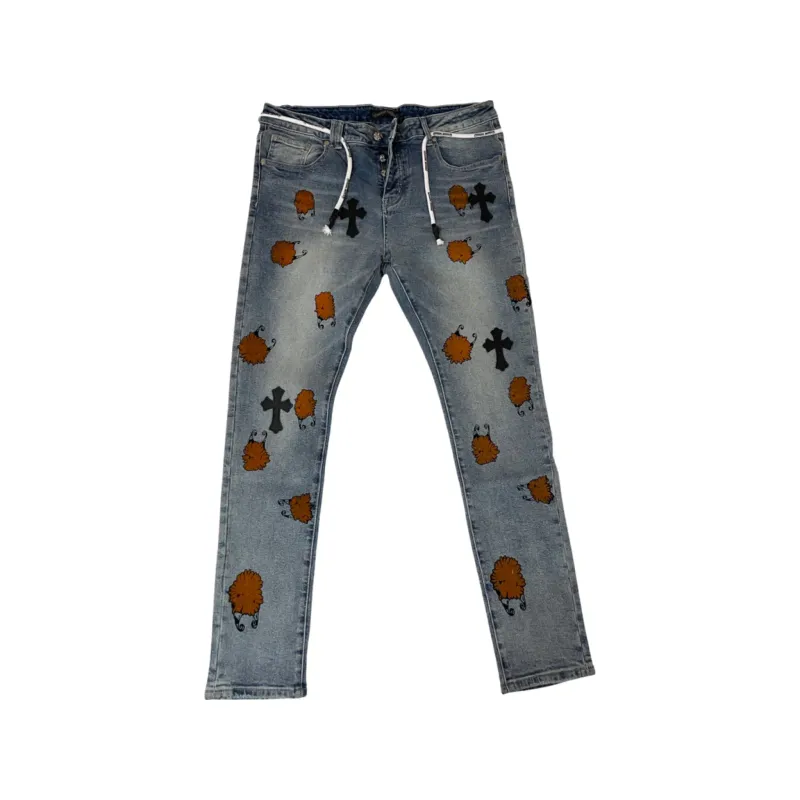 Chrome Hearts Denim Jeans Cross Black &amp; Orange Cartoon