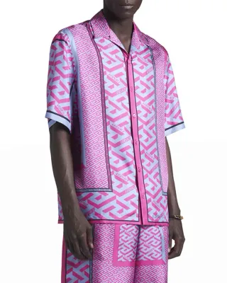 Versace Camisa De Seda La Greca Rosa/Azul
