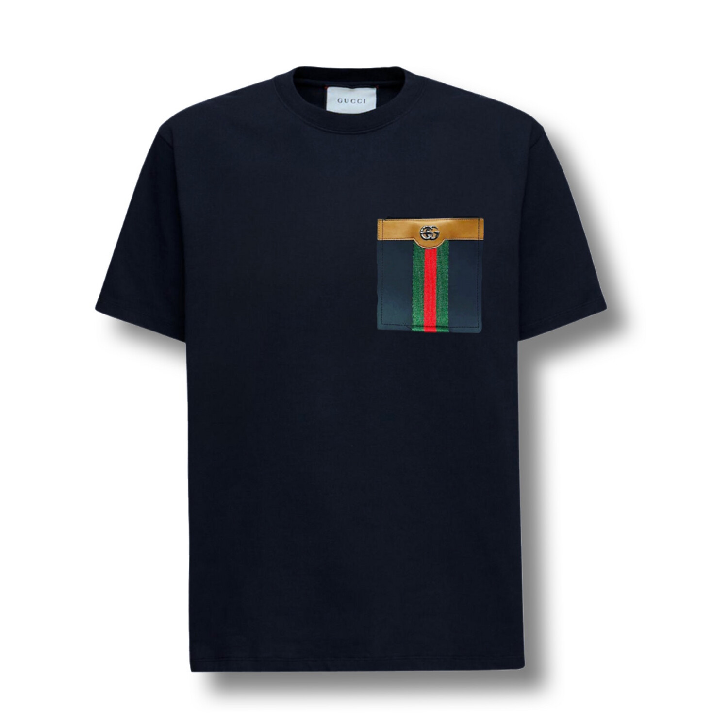 T-shirt Gucci Preta com Bolso Web Stripe e Detalhe em Pele - Vista Frontal⁠