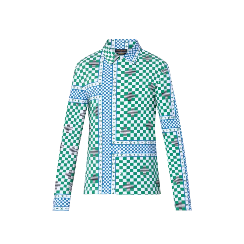 LOUIS VUITTON Green &amp; White Distorted Damier Shirt long
