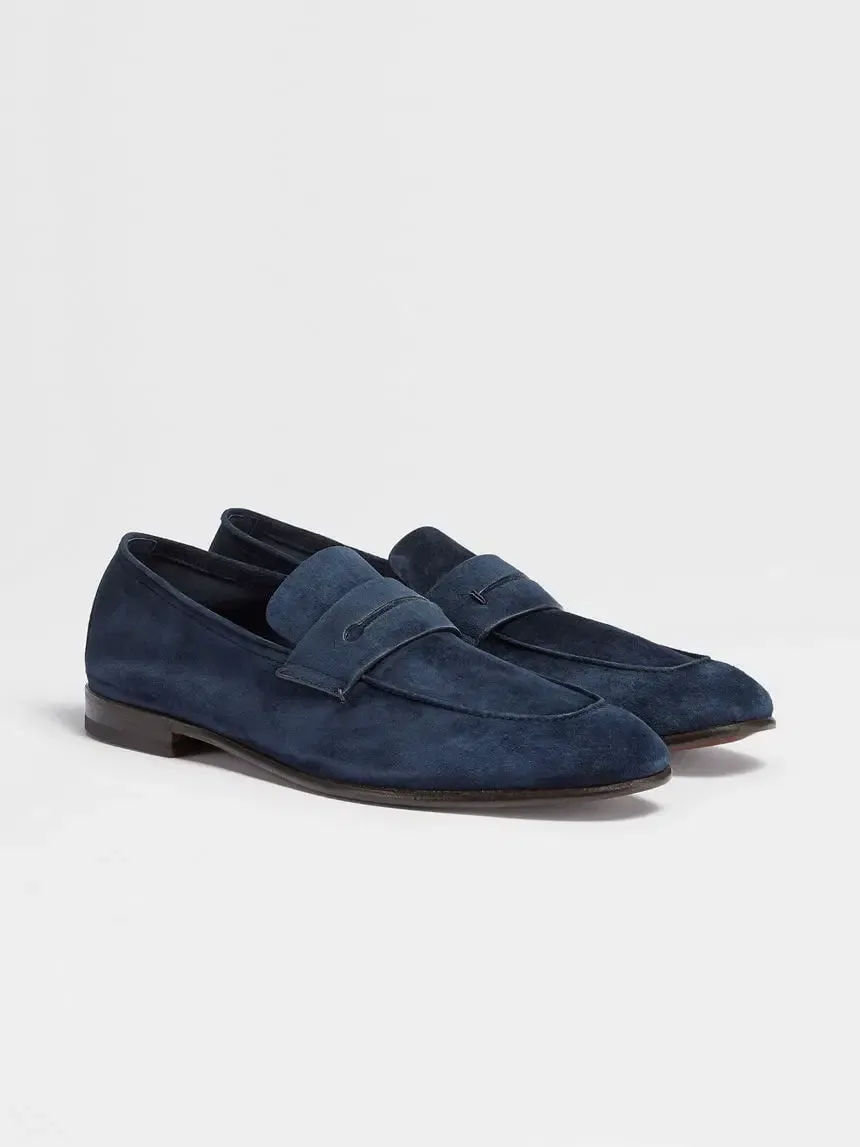 ZEGNA NAVY BLUE SUEDE L'ASOLA LOAFERS