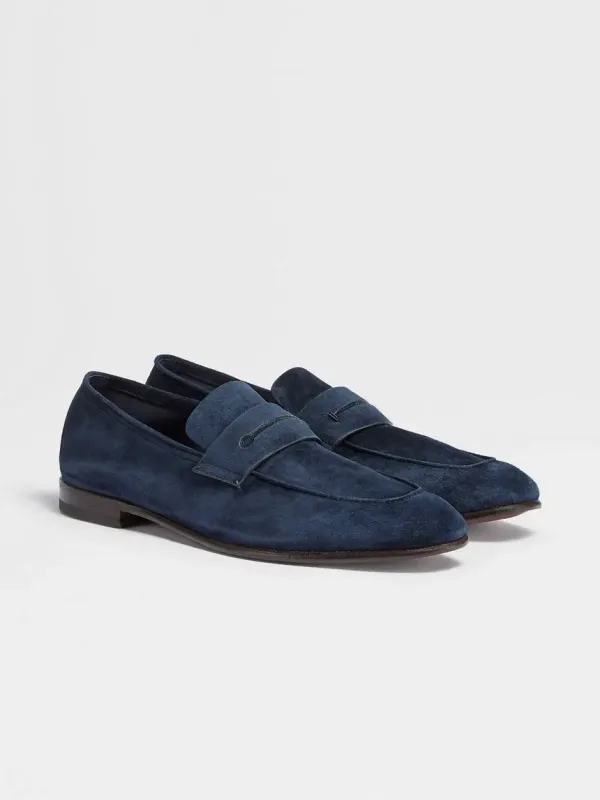 ZEGNA NAVY BLUE SUEDE L'ASOLA LOAFERS