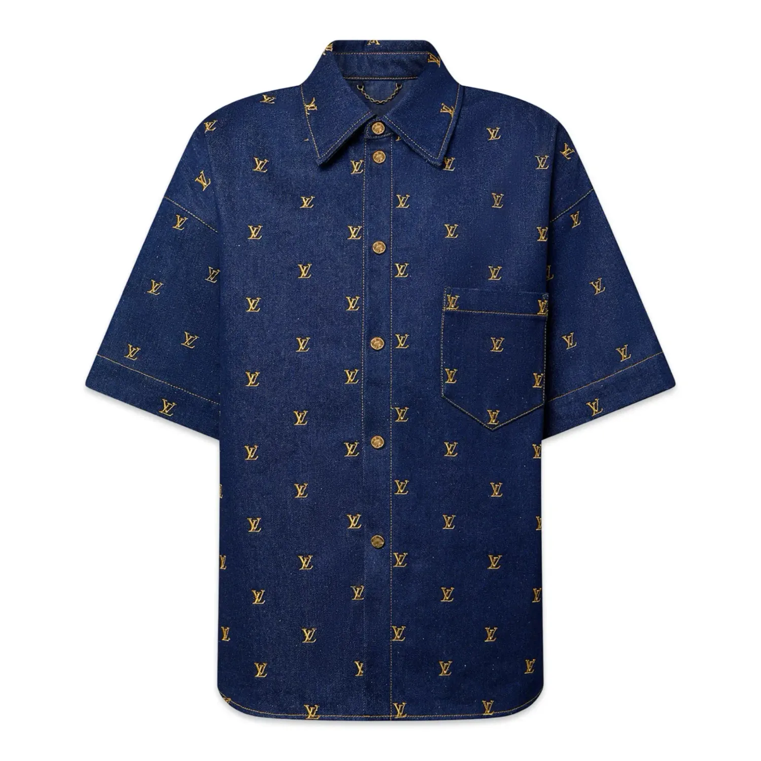 Louis Vuitton Embroidered Signature Short-Sleeved Denim Shirt