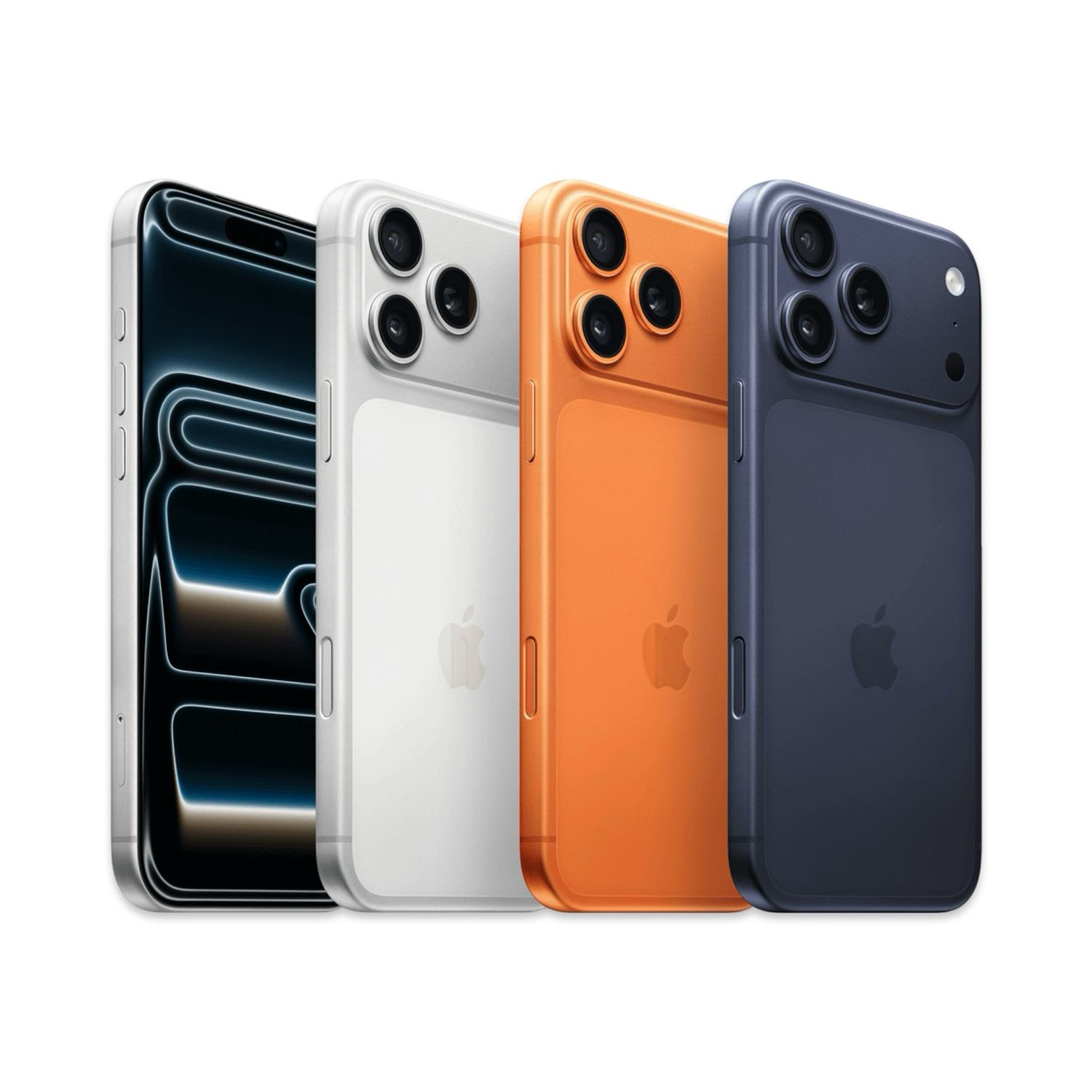 Apple iPhone 17 Pro em Prata Laranja Cosmico e Azul Profundo - Vista Frontal e Traseira⁠