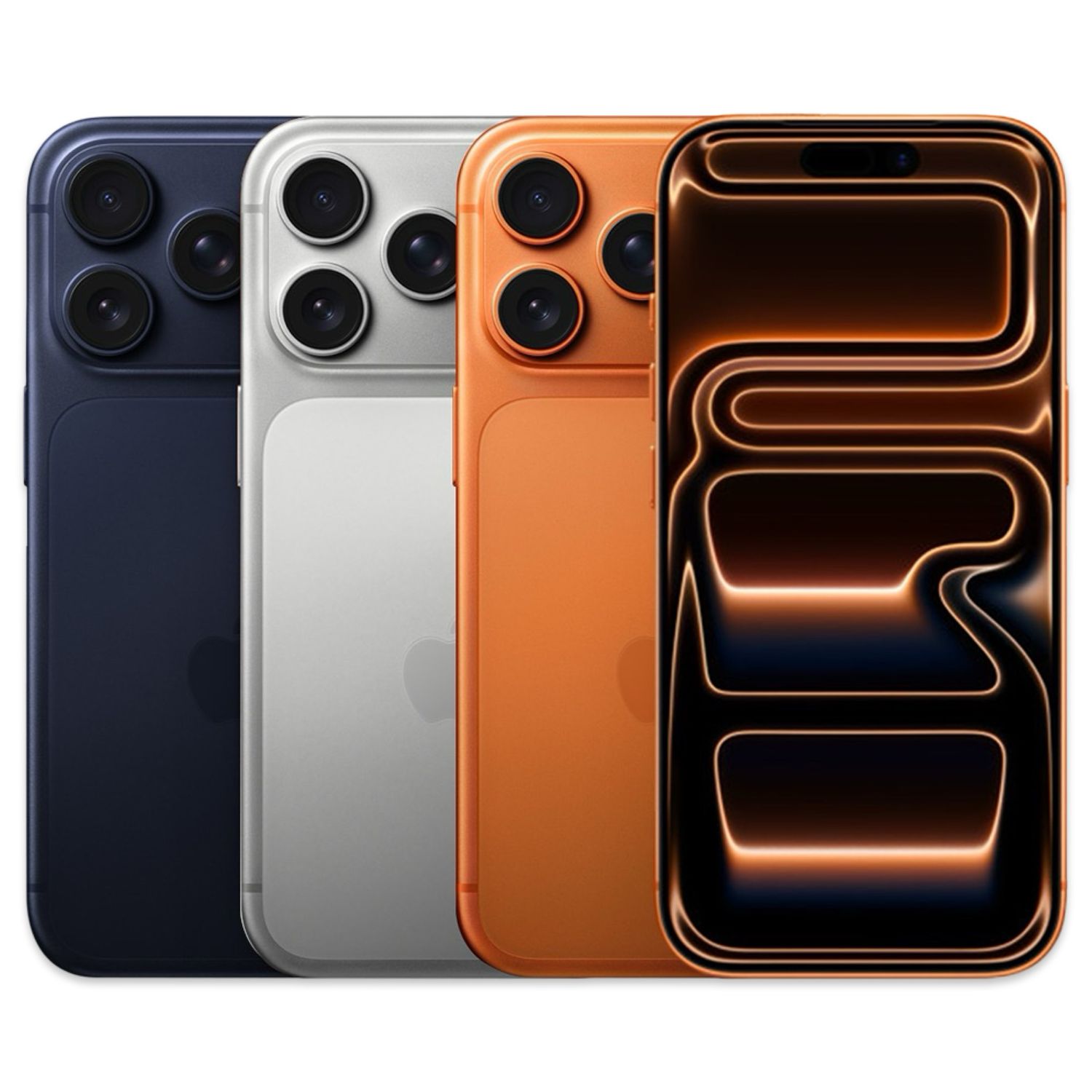 Apple iPhone 17 Pro Max em Laranja Cosmico Azul e Prata - Vista Frontal e Traseira⁠