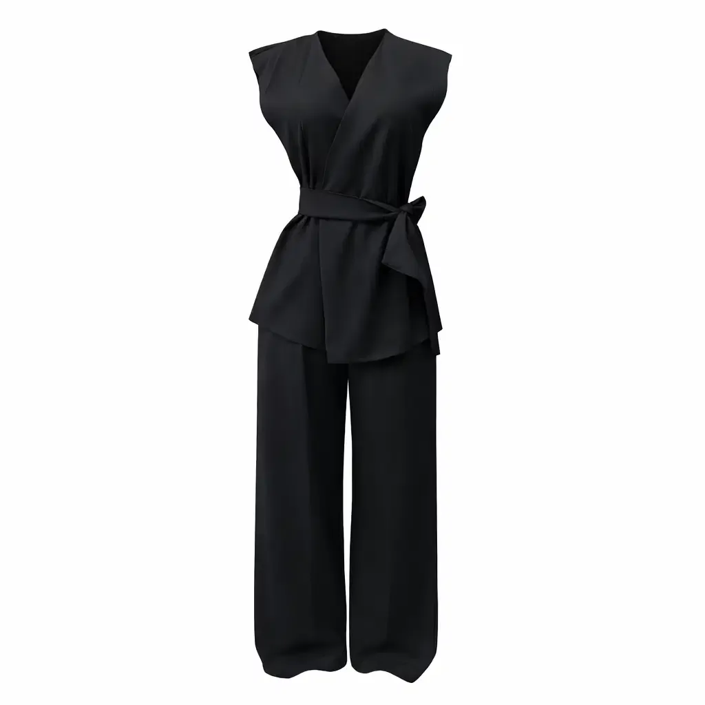 Fato Feminino Colete V + Calça Pantalona Preto
