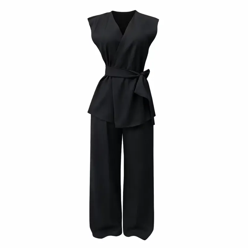 Fato Feminino Colete V + Calça Pantalona Preto