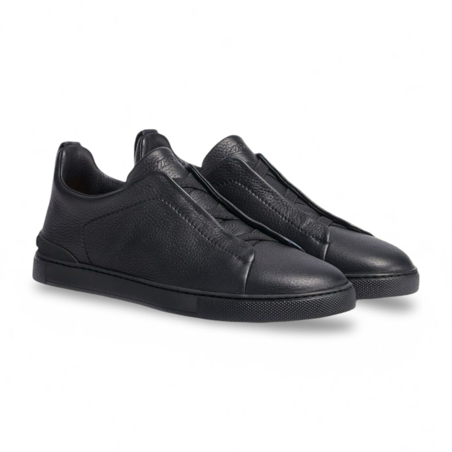 Zegna Black on Black Deerskin Triple Stitch Sneakers