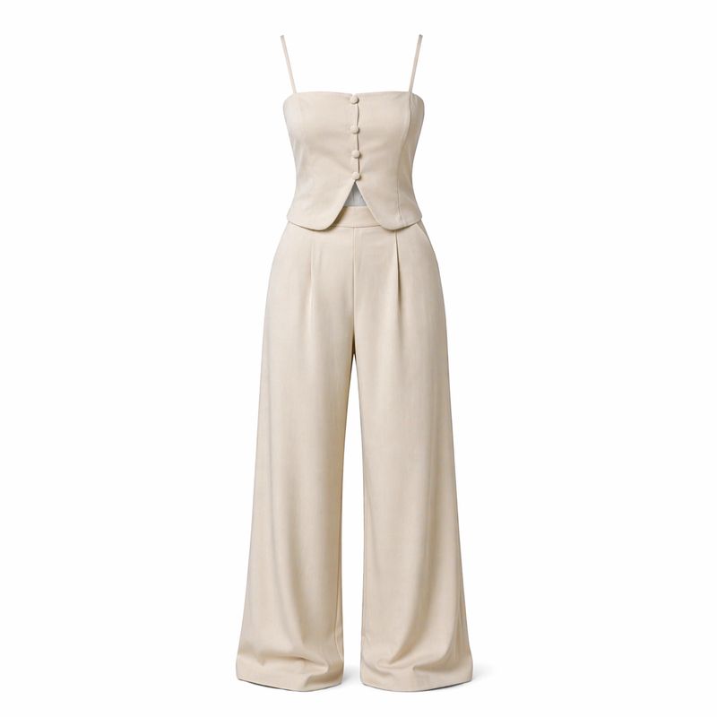 Fato Feminino Premium Nude com Top Estruturado e Calça Wide Leg Fato Feminino Premium Nude com Top Estruturado e Calça Wide Leg